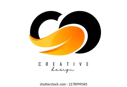 Vector illustration of abstract letters CO c o with fire flames and orange owoosh design. Letters logo with creative cut and shape.