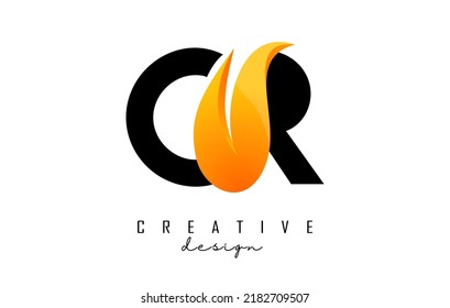 Vector illustration of abstract letters CR c r with fire flames and orange owoosh design. Letters logo with creative cut and shape.