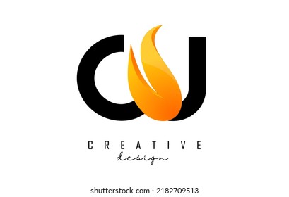 Vector illustration of abstract letters CU c u with fire flames and orange owoosh design. Letters logo with creative cut and shape.