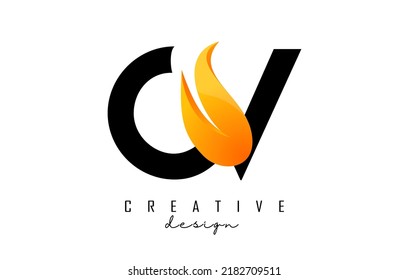 Vector illustration of abstract letters CV c v with fire flames and orange owoosh design. Letters logo with creative cut and shape.