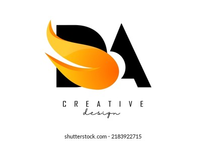 Vector illustration of abstract letters DA d A with fire flames and Orange Swoosh design. Letters logo with creative cut and shape.