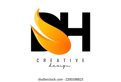 Vector illustration of abstract letters DH d h with fire flames and Orange Swoosh design. Letters logo with creative cut and shape.