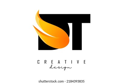 Vector illustration of abstract letters DT d t with fire flames and Orange Swoosh design. Letters logo with creative cut and shape.
