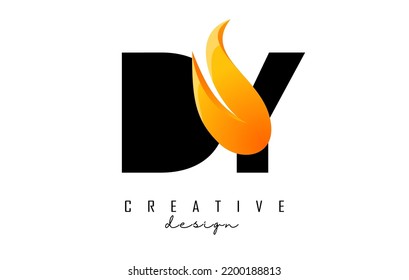 Vector illustration of abstract letters DY d y with fire flames and Orange Swoosh design. Letters logo with creative cut and shape.
