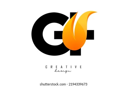 Ilustración vectorial de letras abstractas GF g f con llamas de fuego y diseño Orange Swoosh. Logo de las letras con forma y corte creativos.