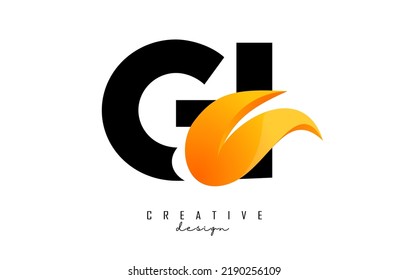 Vector illustration of abstract letters GI g i with fire flames and Orange Swoosh design. Letters logo with creative cut and shape.