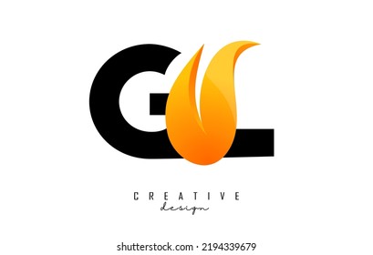 Ilustración vectorial de letras abstractas GL g l con llamas de fuego y diseño Orange Swoosh. Logo de las letras con forma y corte creativos.