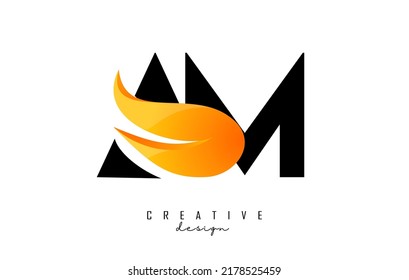 Ilustración vectorial de letras abstractas AM a M con llamas de fuego y diseño Orange Swoosh. Letras con forma y corte creativos.