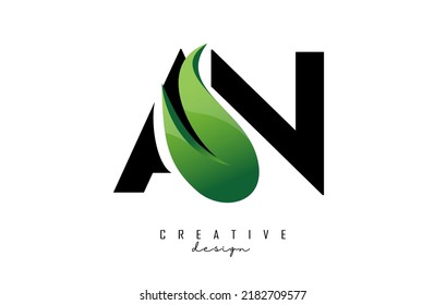 Vector illustration of abstract letters AN a n with leaf, eco, natural design. Letter logo with creative cut and shape.