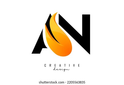 Ilustración vectorial de letras abstractas AN a N con llamas de fuego y diseño de Orange Swoosh. Letras con forma y corte creativos.
