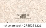 Vector illustration. Abstract light topographic map background with contour lines. Retro style line patterns, navigation pin markers, and dashed trail routes on a textured beige paper background