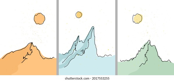 Vector illustration. Abstract linear contemporary poster collection. Postcard, book cover, magazine, brochure banner design. Simple child drawn background set with gold splashes. Mountain, sky and sun
