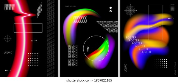 Vector illustration. Abstract liquid colorful shapes collection isolated on black geometric background. Modern art. Design elements for poster, book cover, brochure, magazine, flyer, booklet, layout