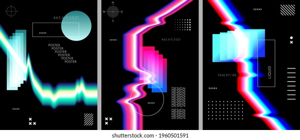 Vector illustration. Abstract liquid colorful shapes collection isolated on black geometric background. Modern art. Design elements for poster, book cover, brochure, magazine, flyer, booklet, layout