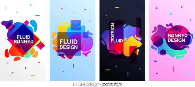 Vector illustration. Abstract liquid shape banner set. Twisted shapes composition. Design element for flyer, leaflet, voucher, coupon. Colorful fluid blots with geometric transparent frame and text