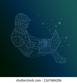 Vector illustration of an abstract low-polygonal blue man with a laptop
