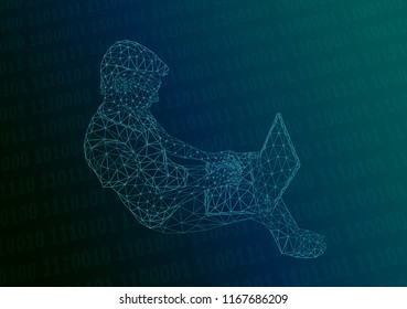 Vector illustration of an abstract low-polygonal man with a laptop on a blue background with a binary code