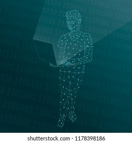Vector illustration of an abstract low-polygonal man with a laptop on a blue background with a binary code