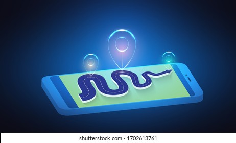 Vektorillustration eines abstrakten Lichtstempels auf einer Straße auf einem Mobiltelefon. Straße, Route, Karte, Ziel, Straßenanwendung. EPS10.