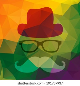 Vector illustration of an abstract man with glasses, hat and mustache. Abstract colorful triangles background