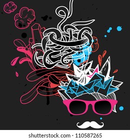 vector illustration of an abstract man in pink glasses with white mustache