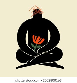 Vector illustration with abstract man silhouette in lotus meditation pose with red flower and messy red line around head. Mental health, bad emotions print. 