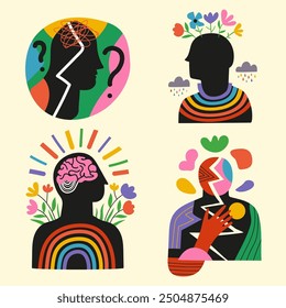 Vector illustration with abstract man silhouette, flowers, rainbow and geometric abstract elements. Mental health, positive psychology, bad emotions and feeling broken inside set