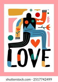 Vector illustration with abstract man silhouette, flowers, mountain landscape and lettering word LOVE. Trendy greeting card print design, apparel print, home decoration typography poster.