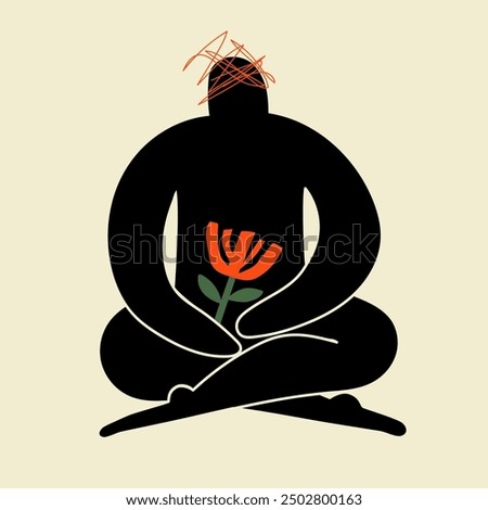 Vector illustration with abstract man silhouette in lotus meditation pose with red flower and messy red line around head. Mental health, bad emotions print. 
