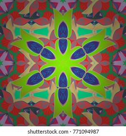 Vector illustration. Abstract Mandala on a green, pink and red colors.