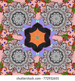 Vector illustration. Abstract Mandala on a pink, black and white colors.