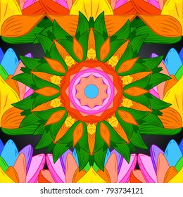 Vector illustration. Abstract Mandala on a orange, green and yellow colors.