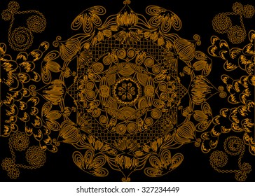 Vector illustration, abstract mandala print on black background, card concept.