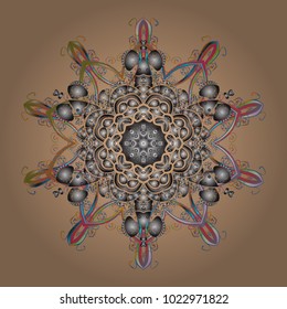 Vector illustration. Abstract mandala or whimsical snowflake line art design. Isolated cute snowflakes on colorful background.