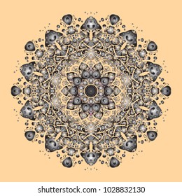 Vector illustration. Abstract mandala or whimsical snowflake line art design. Isolated cute snowflakes on colorful background.