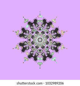 Vector illustration. Abstract mandala or whimsical snowflake line art design. Isolated cute snowflakes on colorful background.