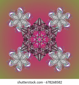 Vector illustration. Abstract mandala or whimsical snowflake line art design. Isolated cute snowflakes on colorful background.