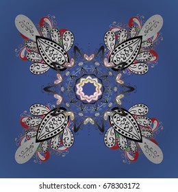 Vector illustration. Abstract mandala or whimsical snowflake line art design. Isolated cute snowflakes on colorful background.