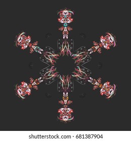 Vector illustration. Abstract mandala or whimsical snowflake line art design. Isolated cute snowflakes on colorful background.