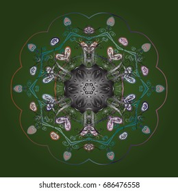 Vector illustration. Abstract mandala or whimsical snowflake line art design. Isolated cute snowflakes on colorful background.