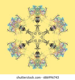 Vector illustration. Abstract mandala or whimsical snowflake line art design. Isolated cute snowflakes on colorful background.