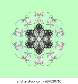 Vector illustration. Abstract mandala or whimsical snowflake line art design. Isolated cute snowflakes on colorful background.
