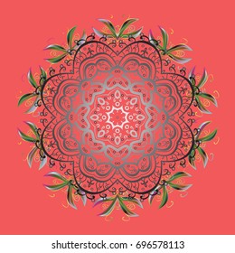 Vector illustration. Abstract mandala or whimsical snowflake line art design. Isolated on colorful background.