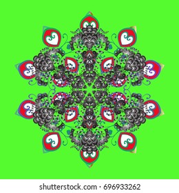 Vector illustration. Abstract mandala or whimsical snowflake line art design. Isolated cute snowflakes on colorful background.