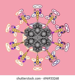 Vector illustration. Abstract mandala or whimsical snowflake line art design. Isolated cute snowflakes on colorful background.