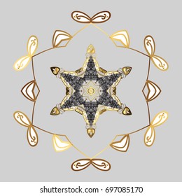 Vector illustration. Abstract mandala or whimsical snowflake line art design. Isolated cute snowflakes on colorful background.