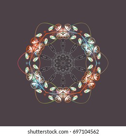 Vector illustration. Abstract mandala or whimsical snowflake line art design. Isolated cute snowflakes on colorful background.
