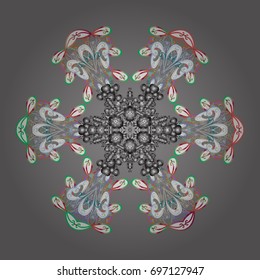 Vector illustration. Abstract mandala or whimsical snowflake line art design. Isolated cute snowflakes on colorful background.