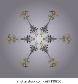 Vector illustration. Abstract mandala or whimsical snowflake line art design. Isolated cute snowflakes on colorful background.