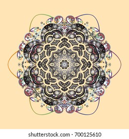 Vector illustration. Abstract mandala or whimsical snowflake line art design. Isolated cute snowflakes on colorful background.